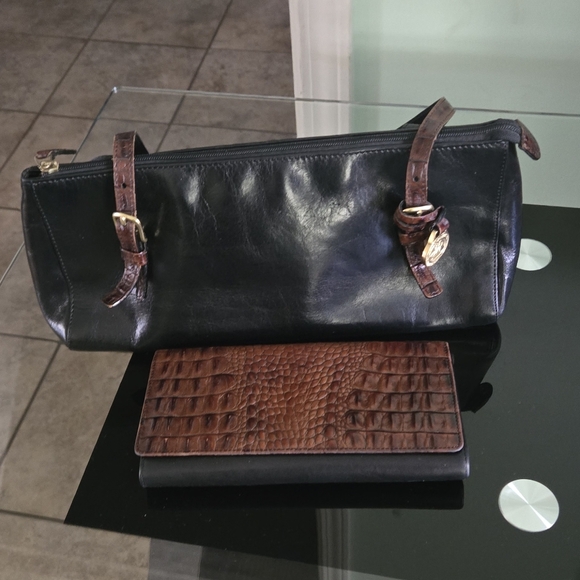 Brahmin Vintage Black Leather Baguette Satchel Shoulder Bag And Wallet Croc - Picture 1 of 16